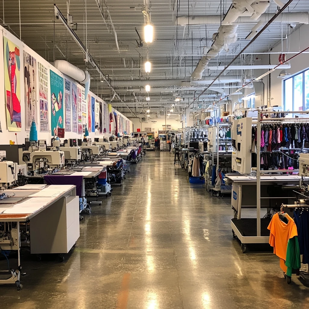Modern garment manufacturing facility with machinery