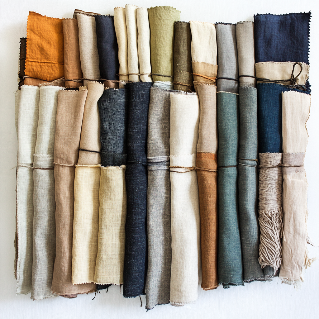 Array of fabric swatches blending linen with cotton, silk, wool, and synthetic fibers, each labeled and arranged artistically